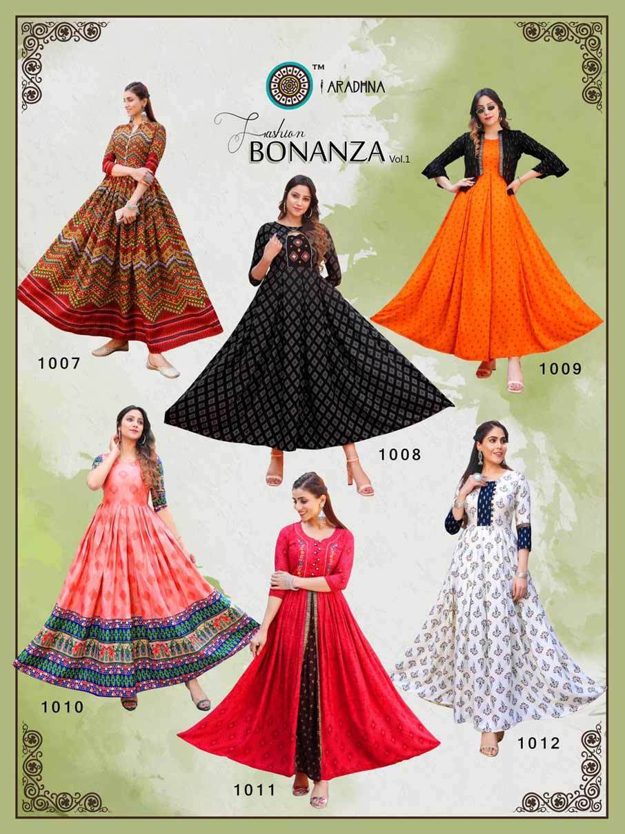Fashion Bonanza Vol 1 Rayon Cotton Long Kurtis - Heavy Rayon & Cotton, Sizes S-4xl | 12 Printed Designs, 3-4th Sleeves, Ethnic Party Wear, Quick Dry, Washable