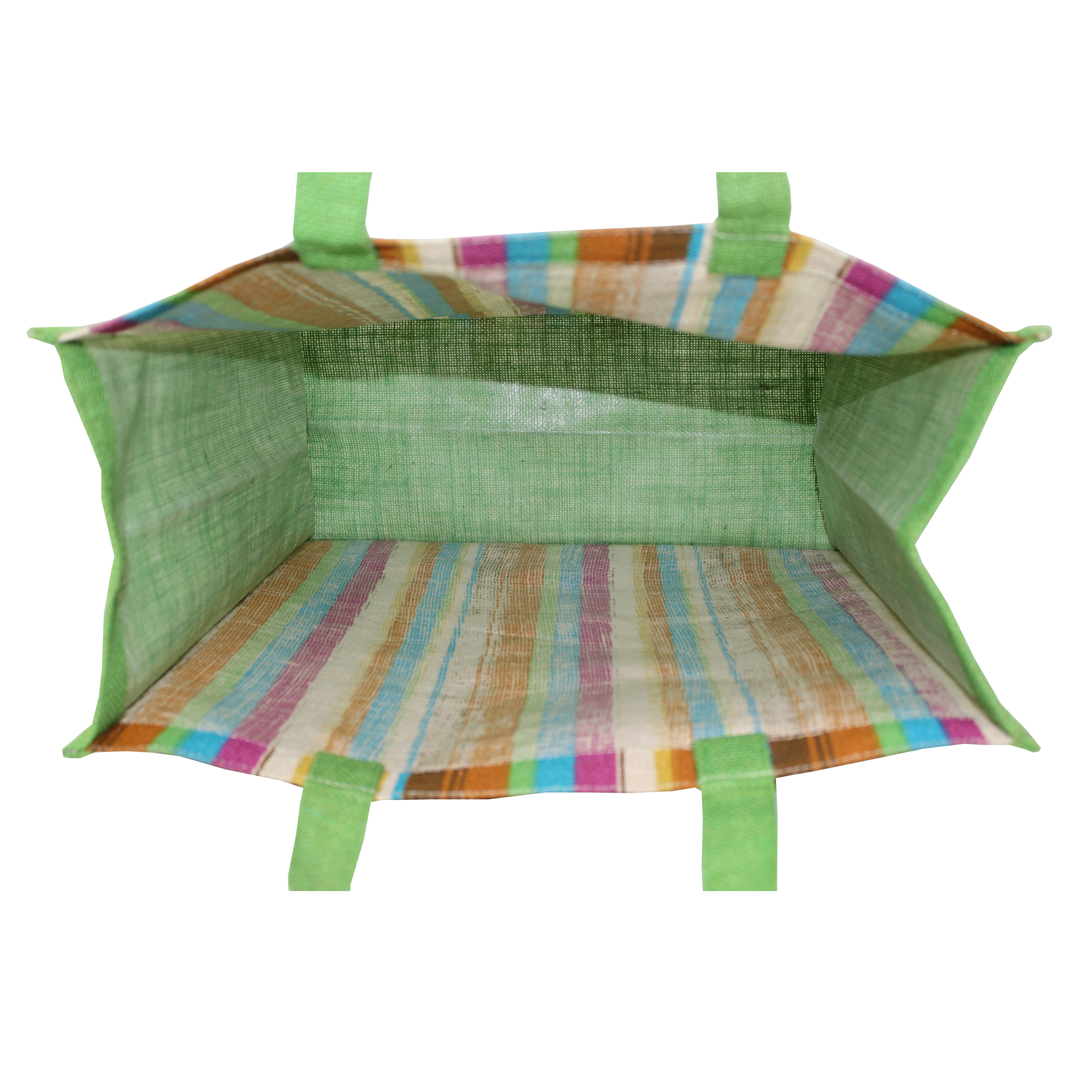 Re-useable Self Handle Multicolor Stripe Print Dyed Color Pp Laminated Jute Bag