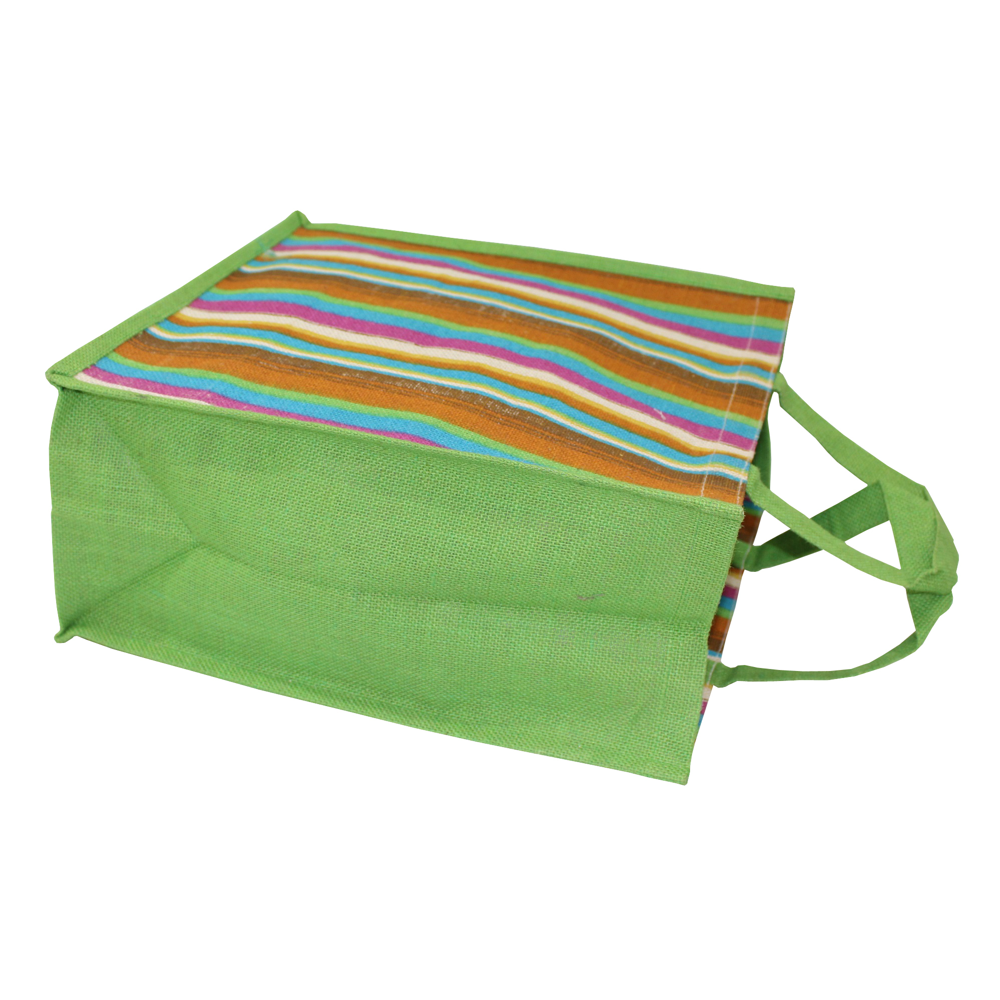Re-useable Self Handle Multicolor Stripe Print Dyed Color Pp Laminated Jute Bag