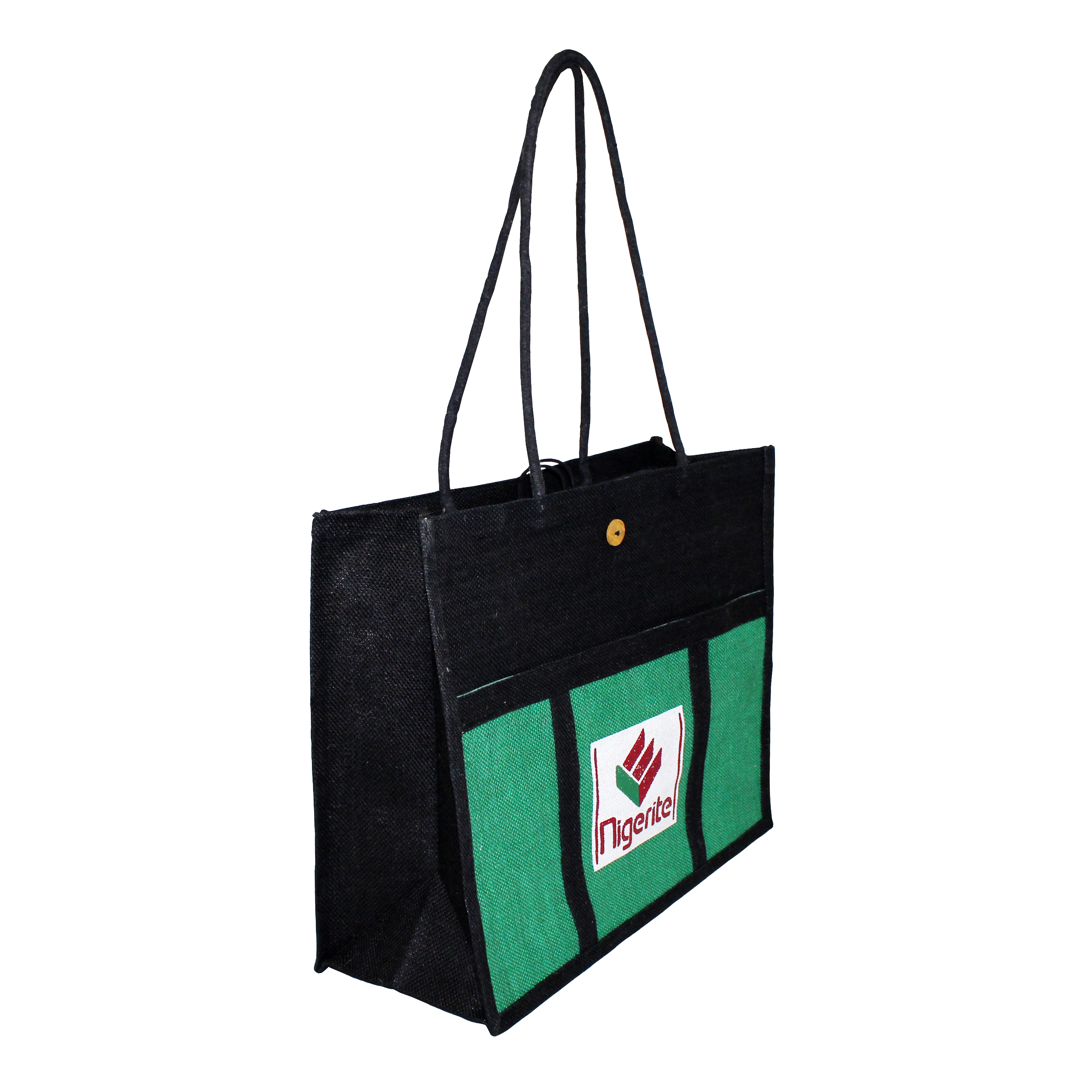 Pp Laminated Jute Bag - 36 X 44 X 17 Cm, Front Pocket & Button Closure, Re-useable, Bio-degradable, Eco-friendly Design Options Available