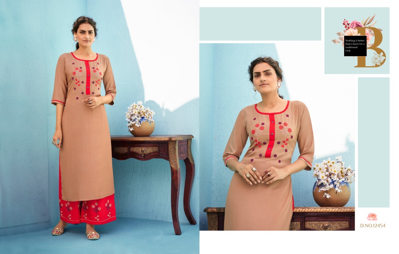 Kalaroop Milka Rayon With Fancy Embroidery Work Kurti With Plazzo Catalog - Rayon Fabric, Sizes M-xxl, Multi Color, Embroidered Design, Suitable For All Seasons