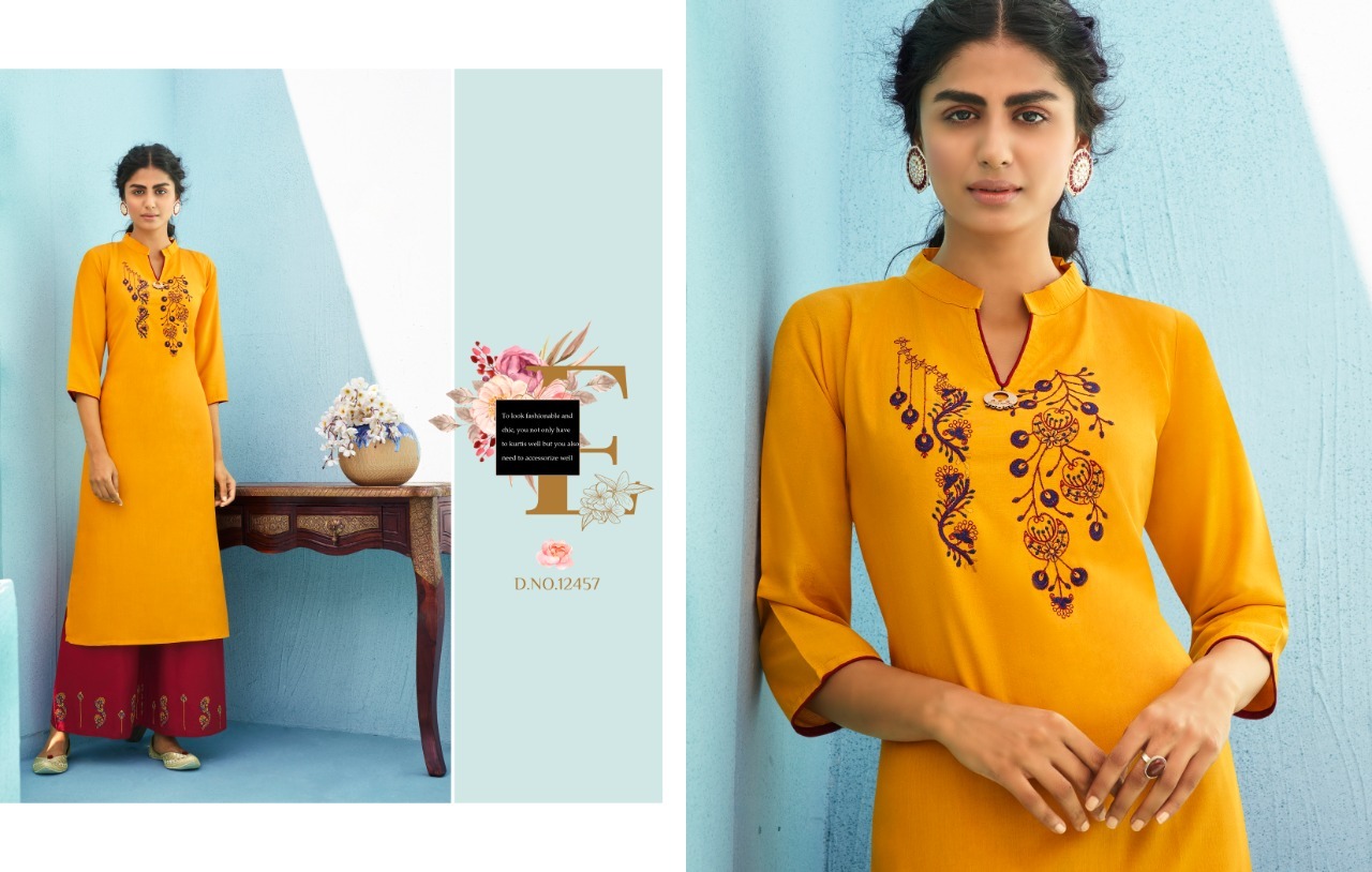Kalaroop Milka Rayon With Fancy Embroidery Work Kurti With Plazzo Catalog - Rayon Fabric, Sizes M-xxl, Multi Color, Embroidered Design, Suitable For All Seasons