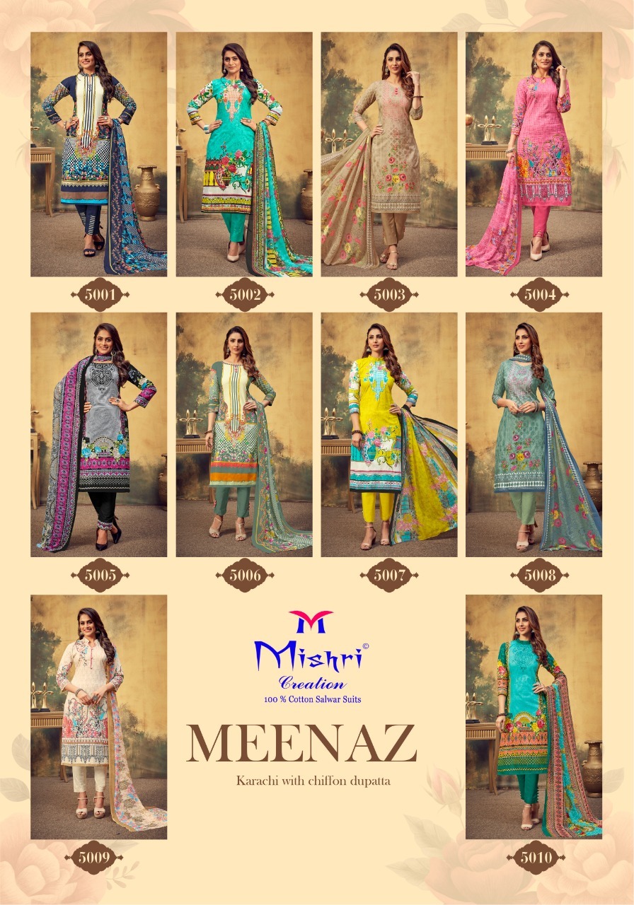 Mishri Creation Meenaz Vol 5 Cotton Dress Material Catalog - Unstitched Fabric Top 2.40mtr, Bottom 2mtr, Dupatta 2.25mtr, Multi Color, Full Sleeves, Washable