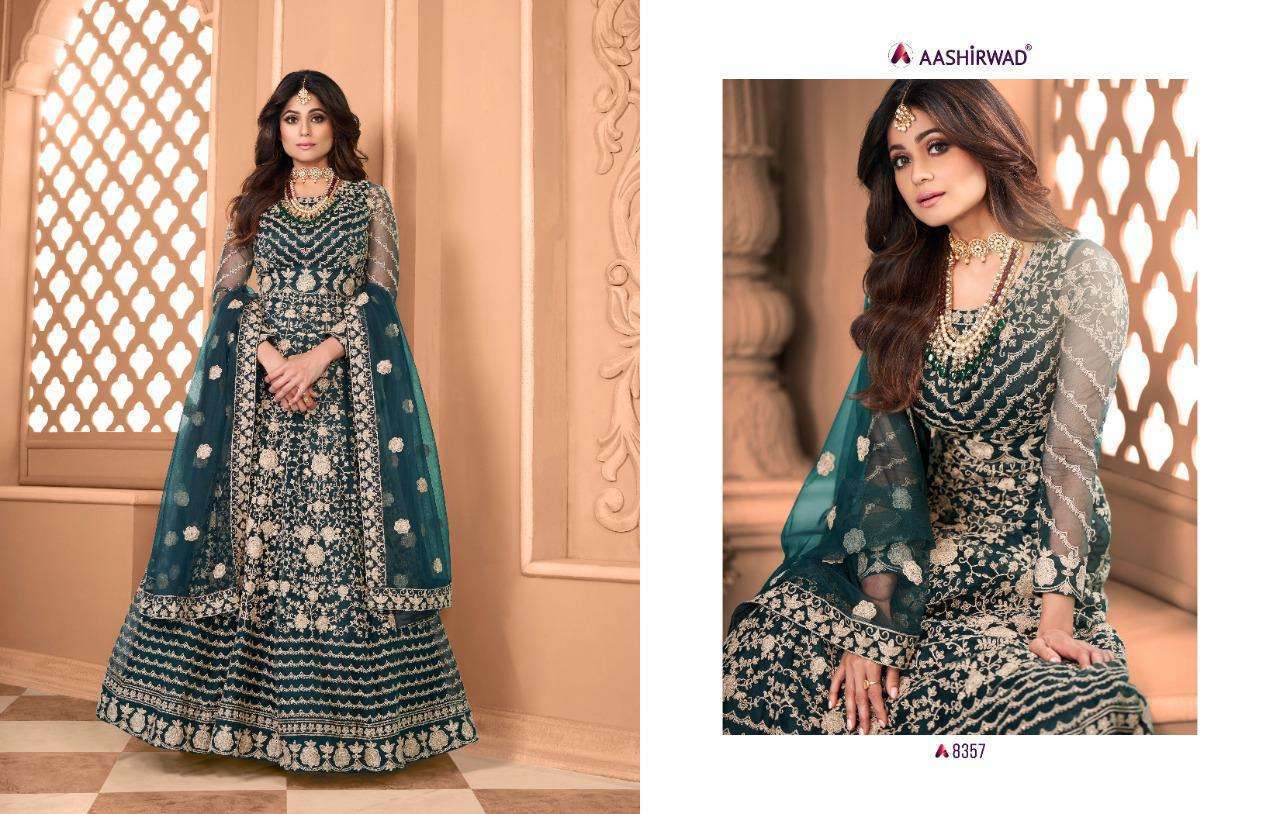 Multi Color Aashirawad Advika Butterfly Net With Embroidery Gown Type Salwar Suit Catalog