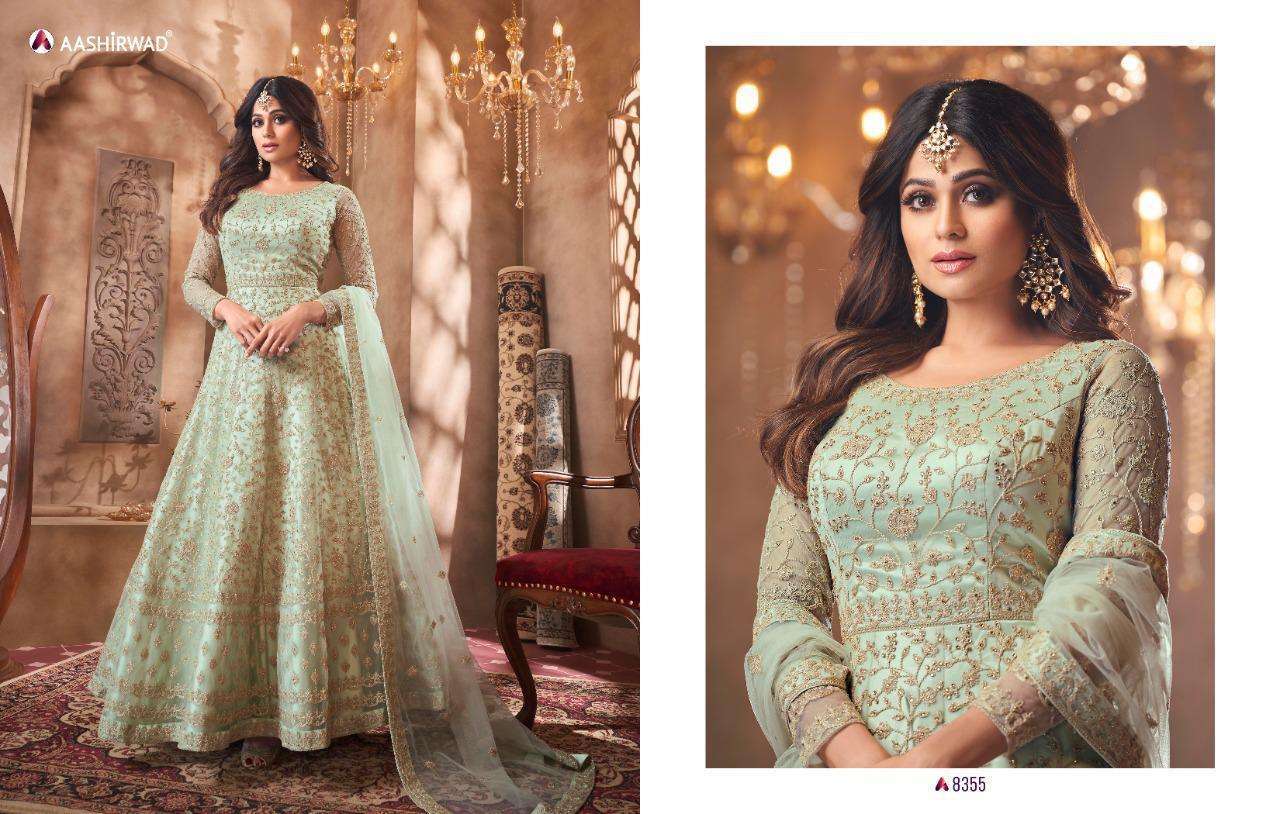 Multi Color Aashirawad Advika Butterfly Net With Embroidery Gown Type Salwar Suit Catalog