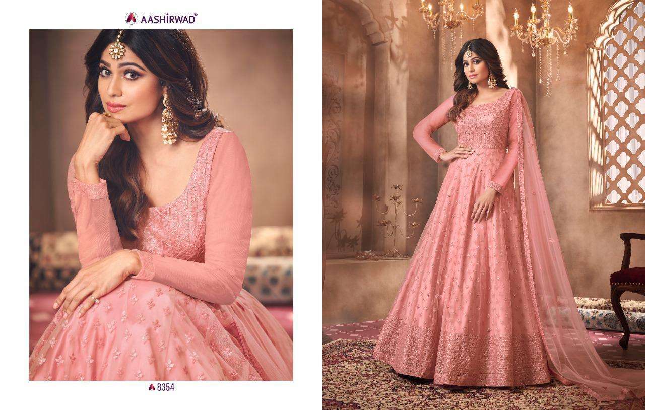Multi Color Aashirawad Advika Butterfly Net With Embroidery Gown Type Salwar Suit Catalog