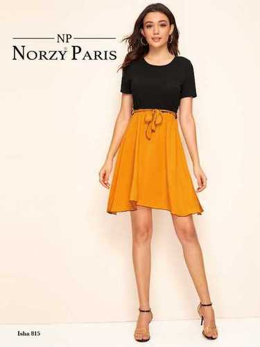 NORZY PARIS Designer Dress - Ajanta Fabric (95% Polyester, 5% Spandex), Yellow Color, Sizes S-XL | Limited Edition, Full Stitched, Short Sleeves, Fashion for Status