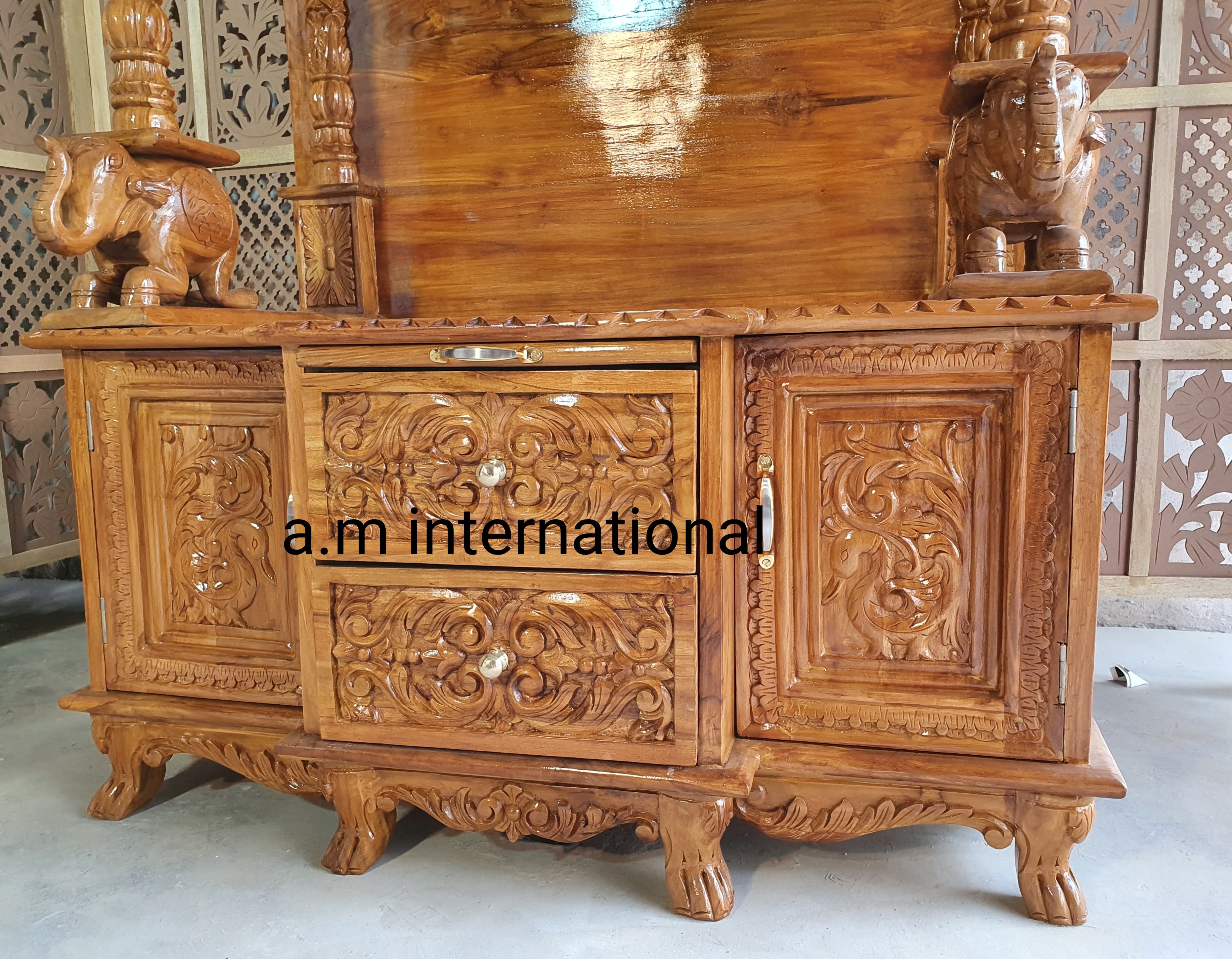 Handmade Wooden Carved Temple In Natural Polish