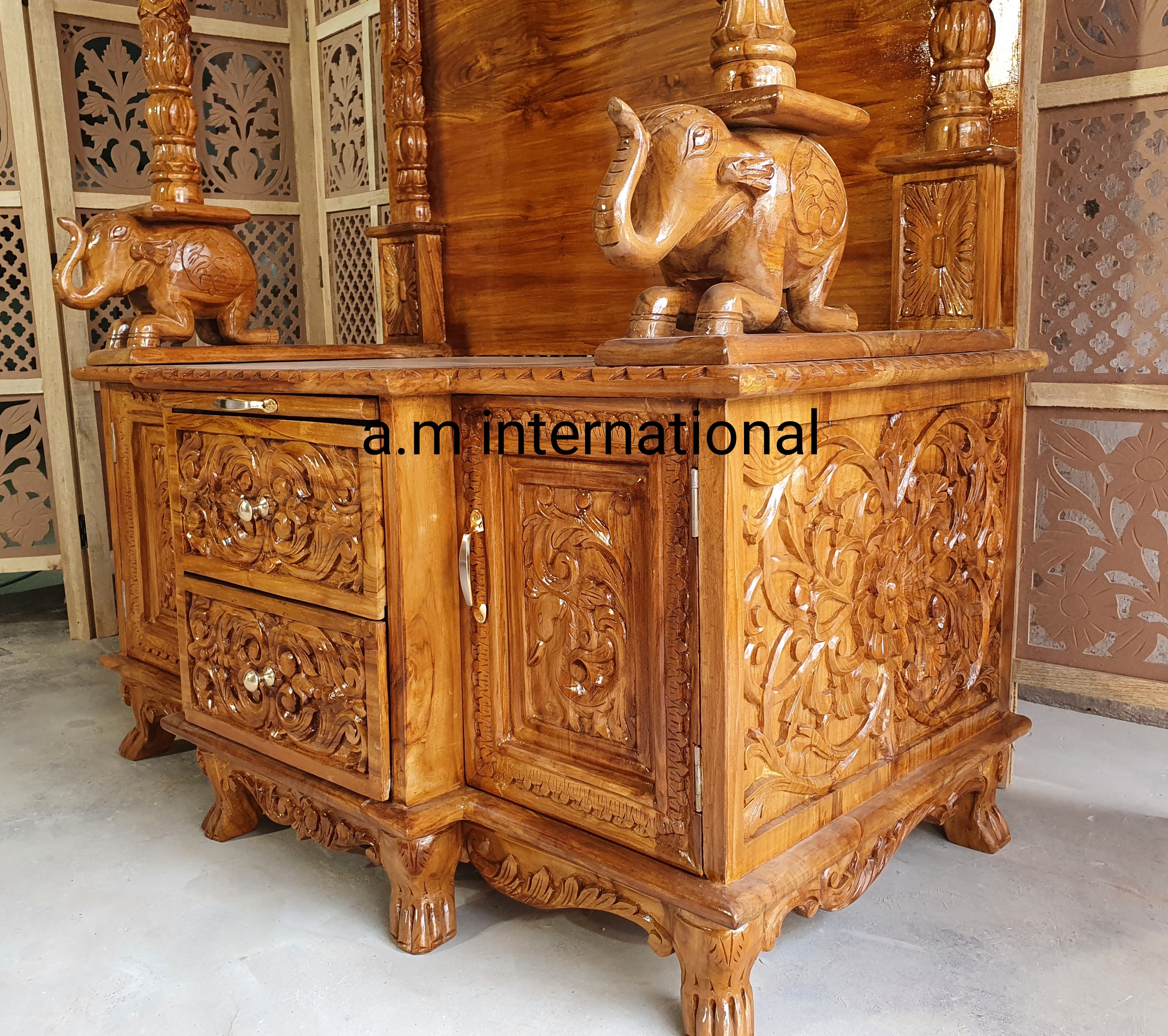 Handmade Wooden Carved Temple In Natural Polish