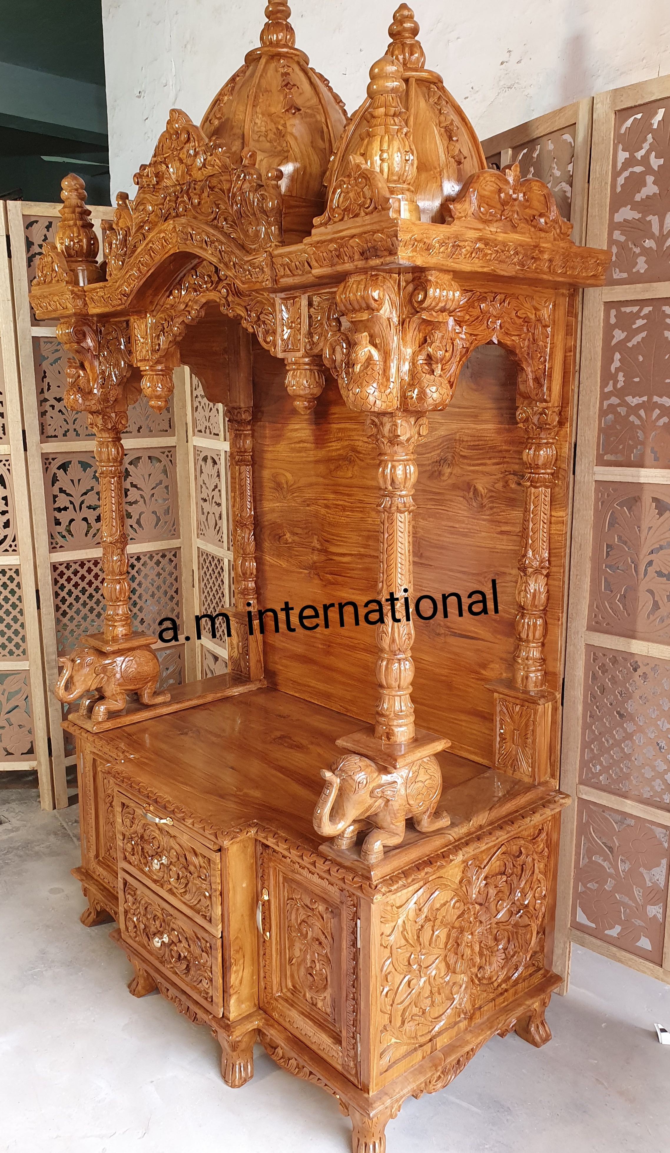 Handmade Wooden Carved Temple In Natural Polish