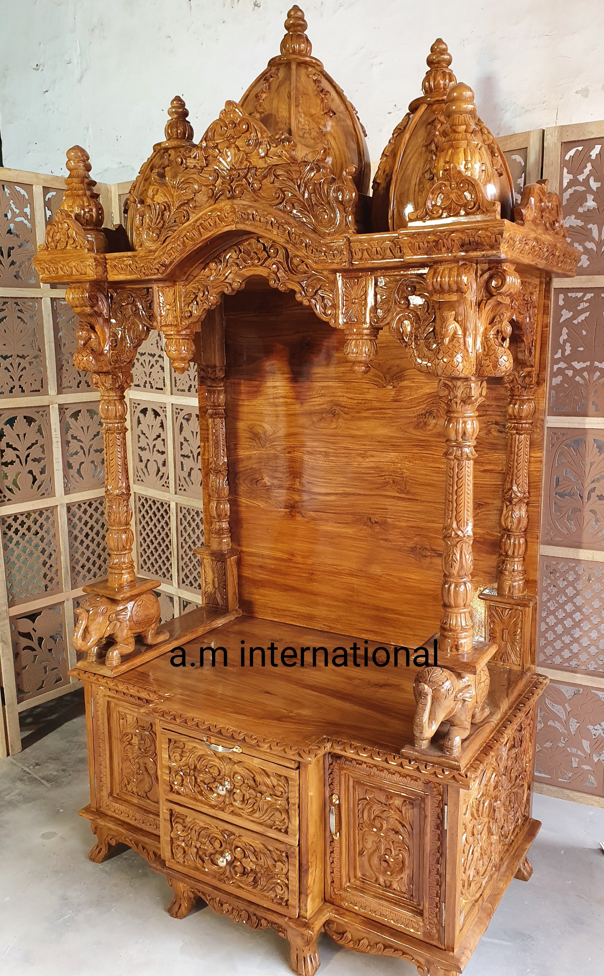Handmade Wooden Carved Temple In Natural Polish