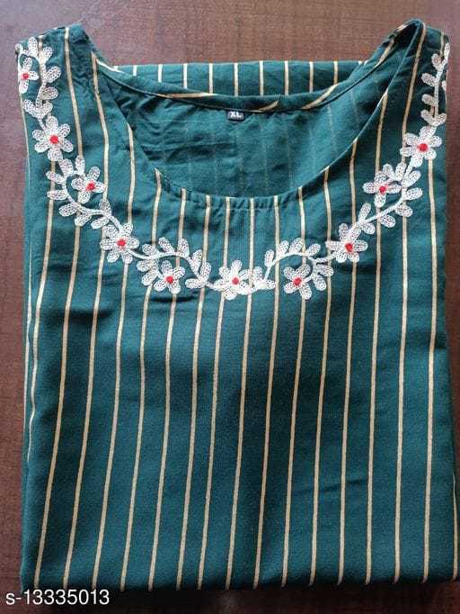 Rayon Aari Work Selfie Kurti - Good Quality Rayon, Size M38 To Xxl44, Color Petrol Blue, Length Below Knee, 3/4 Sleeves, Printed Pattern, Cool Dry, Washable