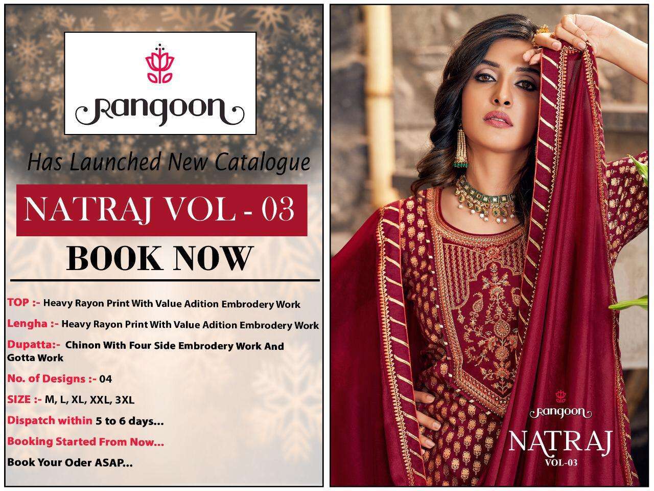 Multi Color Rangoon Natraj Vol 3 Rayon Print With Embroidery Work Readymade Suit Catalog