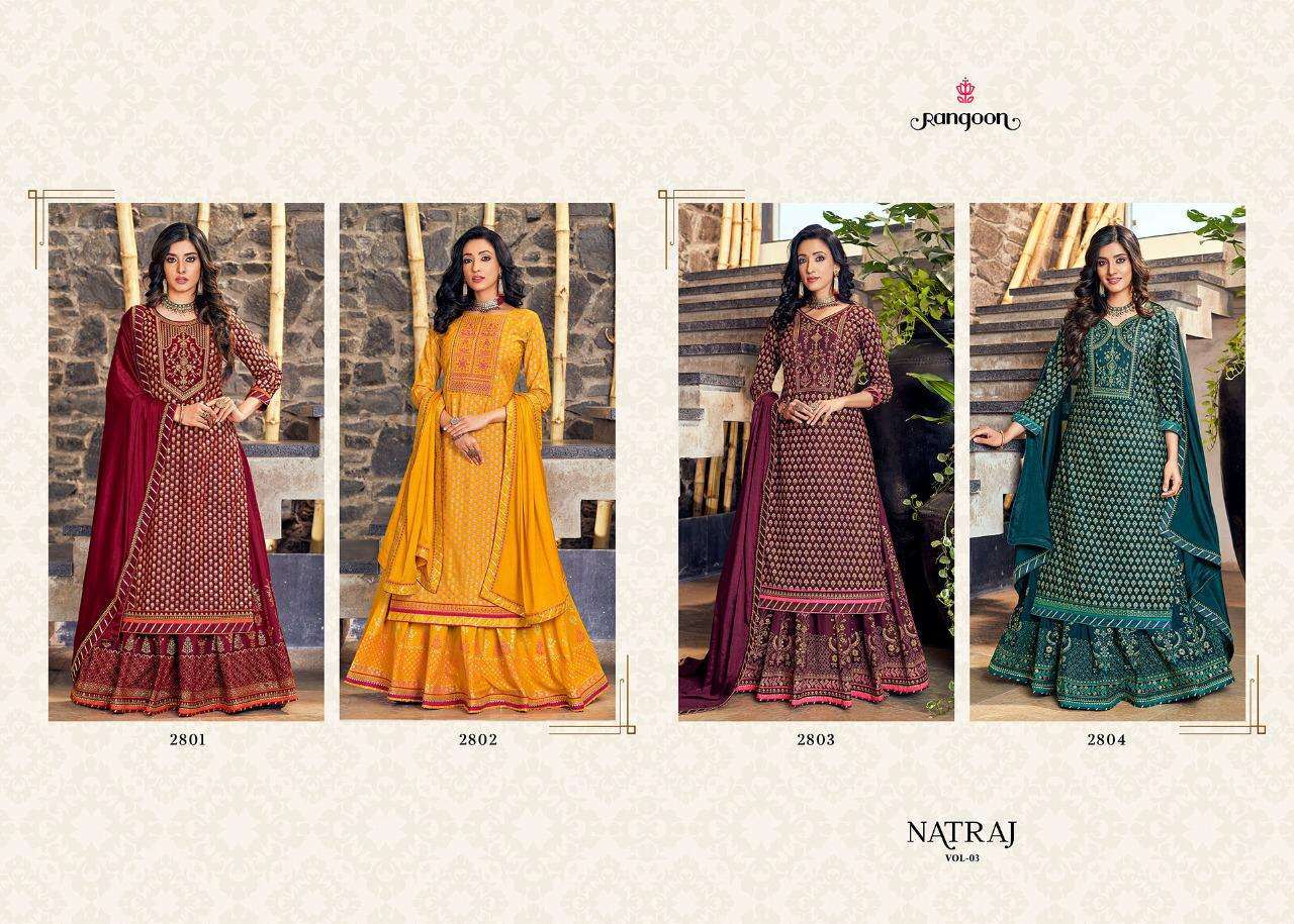 Multi Color Rangoon Natraj Vol 3 Rayon Print With Embroidery Work Readymade Suit Catalog