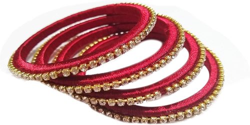 Yuktha Eternals Silk Thread Bangles - Shiny Style Wraps, Assorted Colors With White Stone Accents | Best For Daily Use, Ideal For Makeup