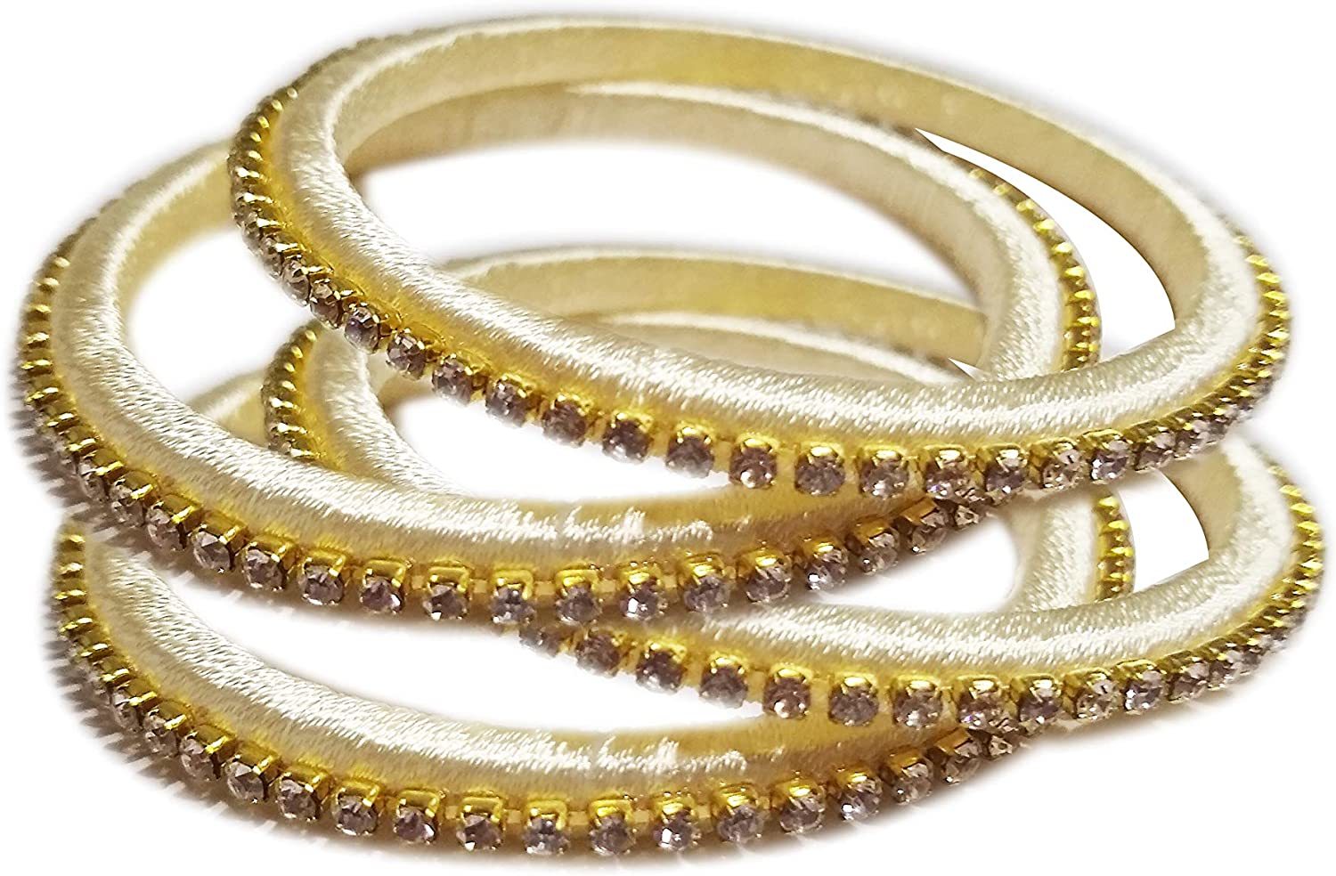 Yuktha Eternals Silk Thread Bangles - Shiny Style Wraps, Assorted Colors With White Stone Accents | Best For Daily Use, Ideal For Makeup