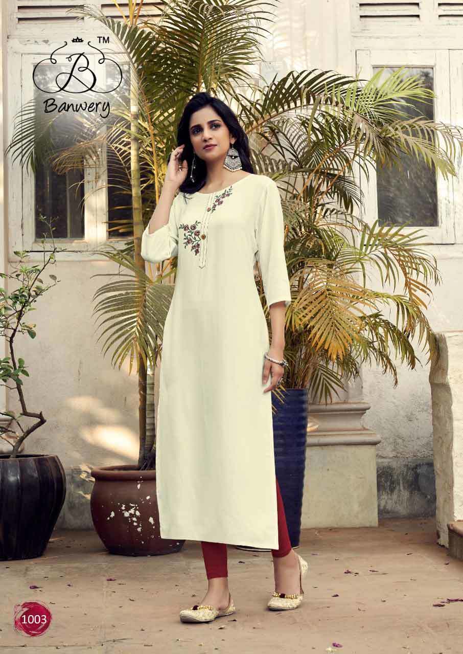 Mohini By Banwery Rayon Embroidery Kurtis - 14kg Rayon, 46" Length, Sizes M(38)-xxl(44) | 3-4th Sleeve, Embroidered Pattern, Traditional Ethnic Party Wear