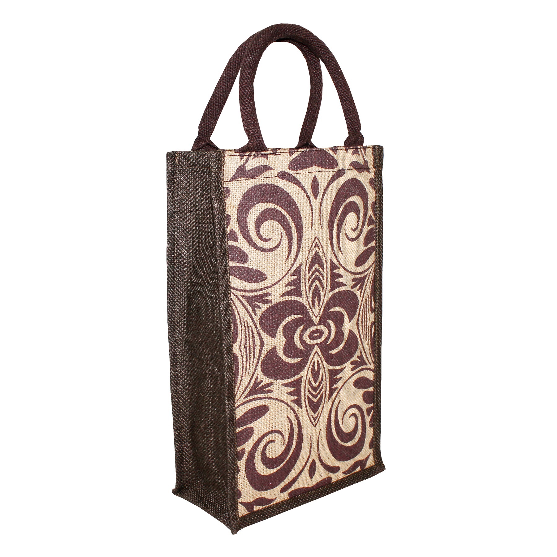 Floral Print Padded Jute Bottle Bag - 35x20x10 Cm, Natural Color, Re-usable, Bio-degradable, Eco-friendly, Shoulder Length Handle