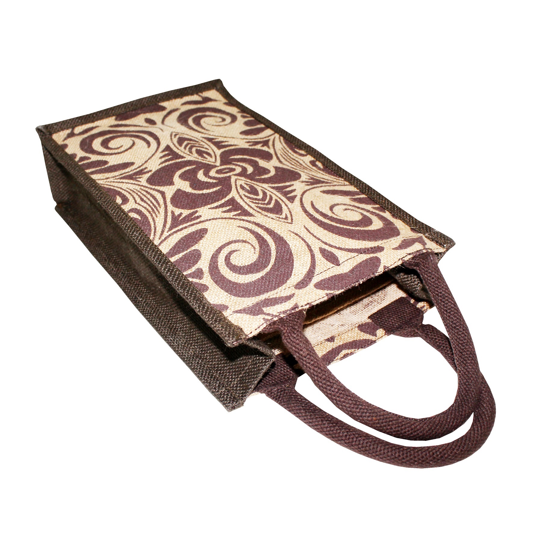 Floral Print Padded Jute Bottle Bag - 35x20x10 Cm, Natural Color, Re-usable, Bio-degradable, Eco-friendly, Shoulder Length Handle