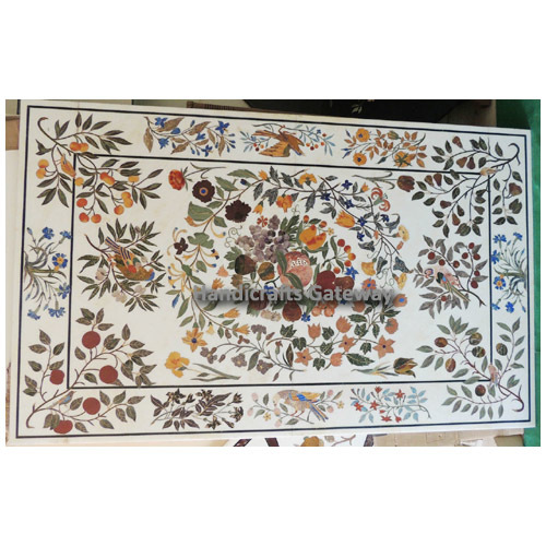 Indian Antique White Marble Pietra Dura Design Table Top