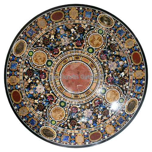 Indian Unique Black Marble With Semi Precious Stone Inlay Work Dining Table Top