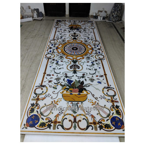 Indian Exclusive Big Size White Marble Inlaid Dining Table Top