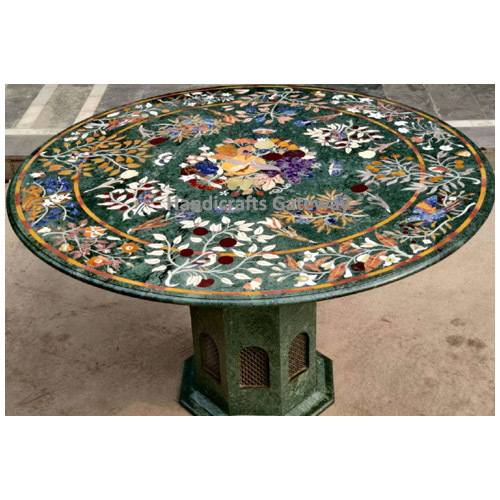 Green Decorative Marble Inlay Dining Table Top With Marble Base