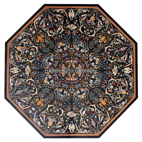 Black Beautiful Octagonal Shape Marble Pietra Dura Design Table Top