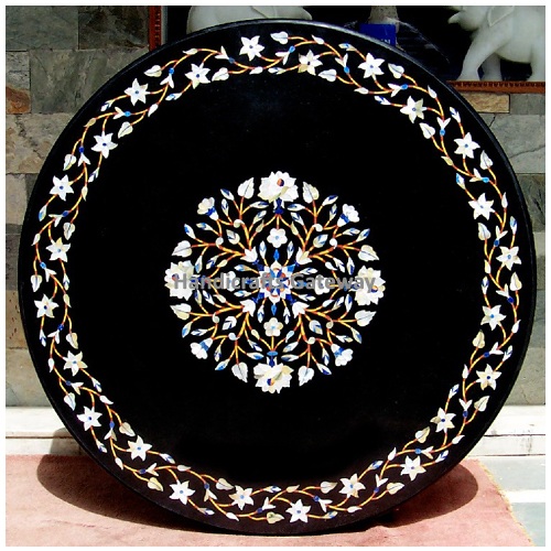 Indian Expensive Black Marble With Mother Of Pearl Flower Design Table Top