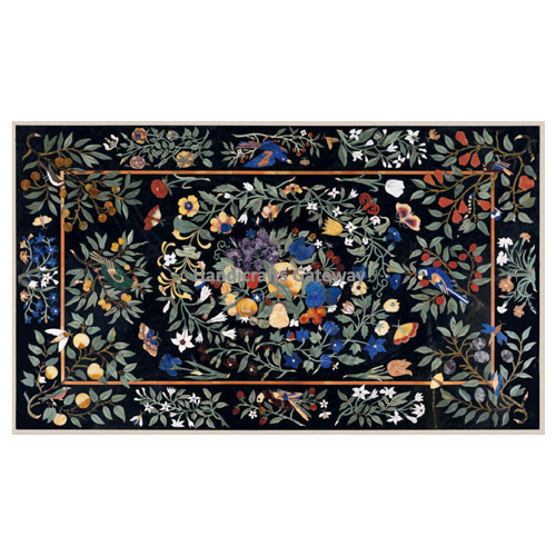 Black Pietra Dura Inlay Design Marble Table Top For Dining Room