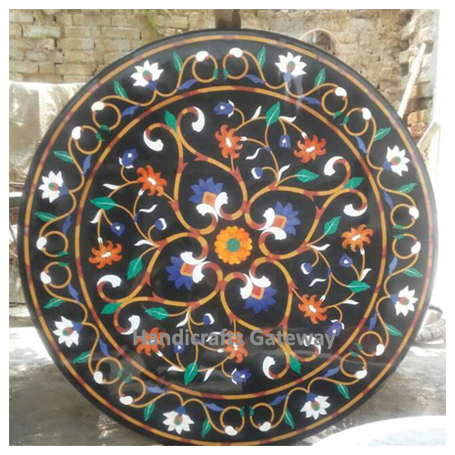 Black Amazing Marble Inlay Work Round Dining Table Top