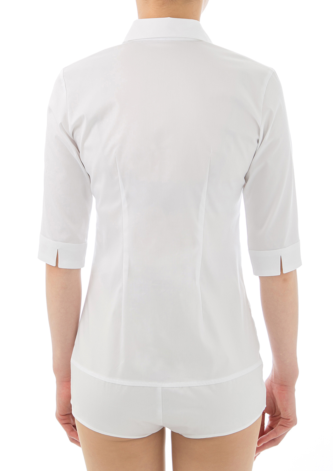 (Premium) Stretch Easy Care/ Bodysuit Shirt/ 1/2 Sleeve White Collar Style: Classic