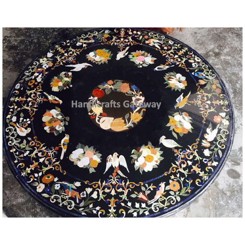 Indian Black Marble Inlay Round Table Top For Restaurant