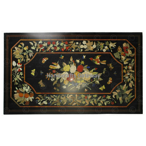 Black Handmade Marble With Different Different Stone Inlay Design Table Top For Dining Room