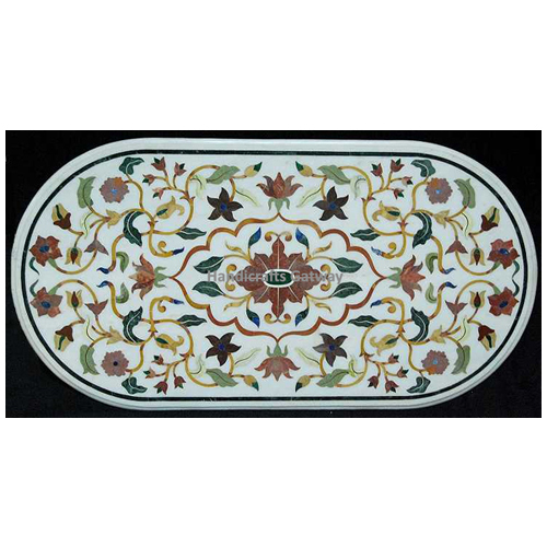 Indian Beautiful Oval Shape White Marble Inlay Design Table Top