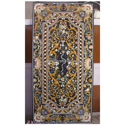 Black Antique Marble Pietra Dura Inlay Dining Table Top