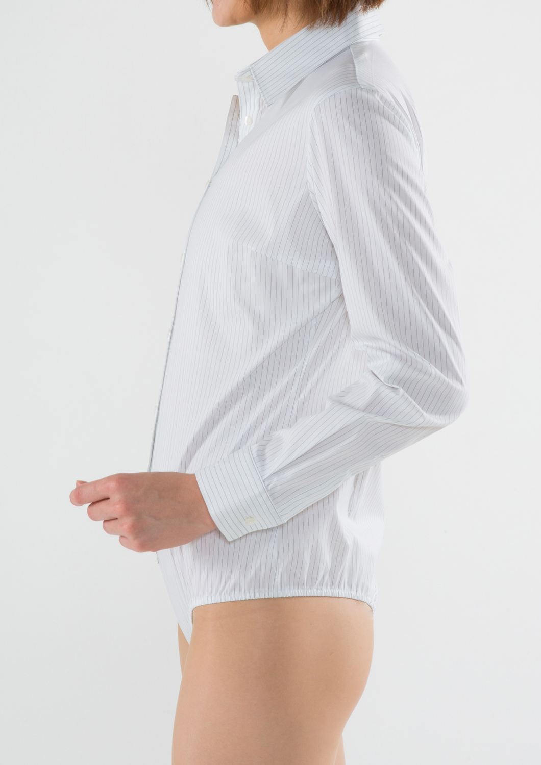 (Premium) Stretch Easy Care/ Bodysuit Shirt/ All-in-one Fit/ Stripe/ Black Collar Style: Classic