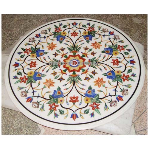 Indian White Marble Different Stone Pietra Dura Work Table Top