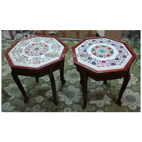 Indian Exclusive Solid White Marble With Semi Precious Stone Work Coffee Table Top