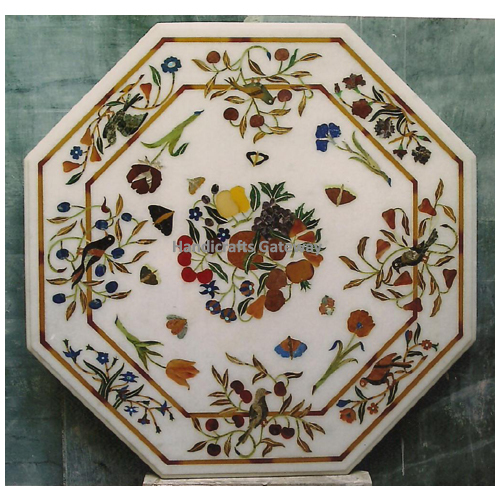 White 24 X 24" Inches Beautiful Octagonal Shape Marble Inlay Work Coffee Table Top