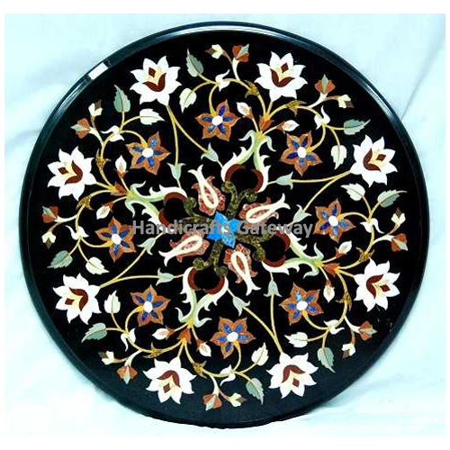 Indian Beautiful Round Black Marble With Flower Design Coffee Table