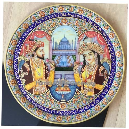 Multi Color Antique Gold Painted Mughal Art Design Plate
