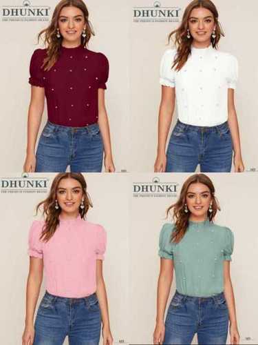 Dhunki Ladies Style Wear Tops - Heavy Georgette, Length 24-25 Inch, Colors: 4, Size: M(38), XL(42), 1/4 Sleeve, Full Stitched, Designer Neck with Shining Pearls