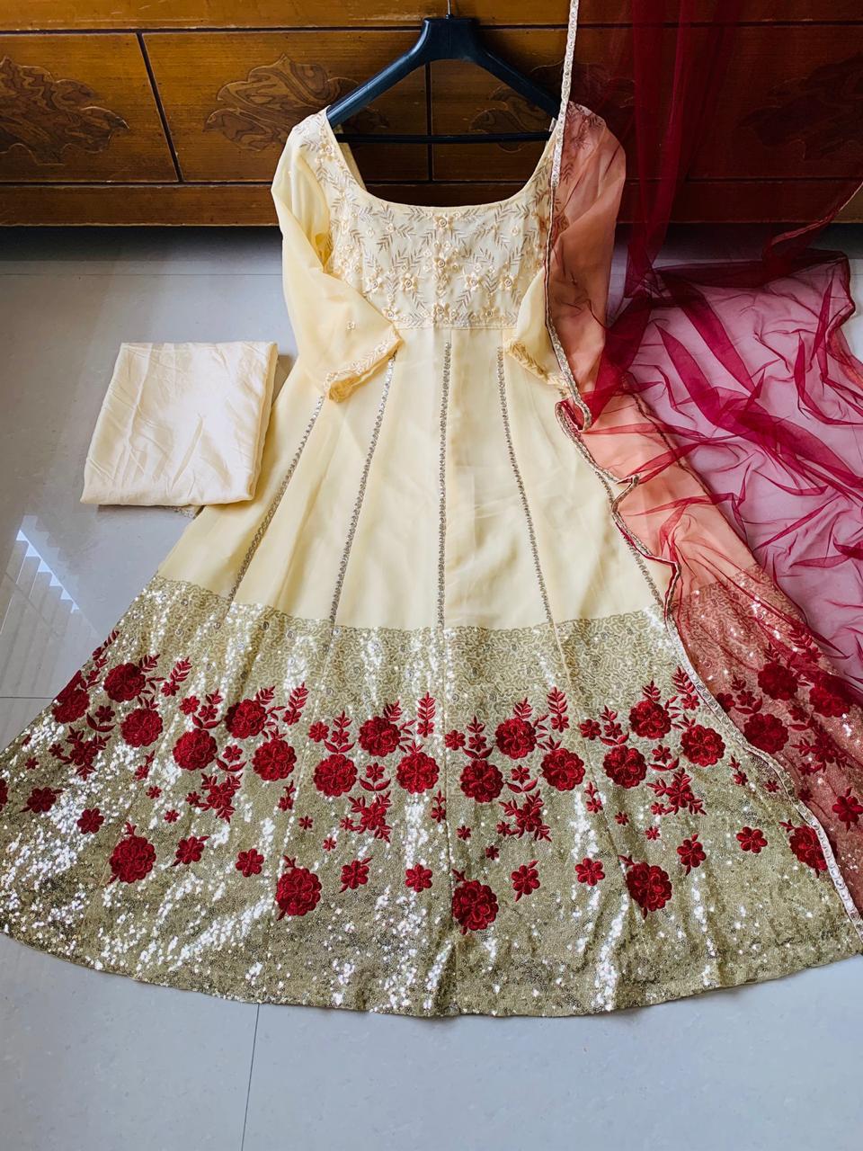 Georgette Gown - Sequenced Fabric With Heavy Silk Bottom, Full Embroidered Sleeves | Breathable, Washable, All-season Suitable, Customizable Size