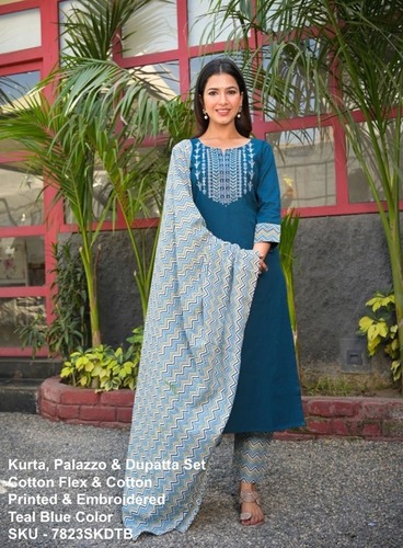Blue Embroidered Cotton Printed Kurti