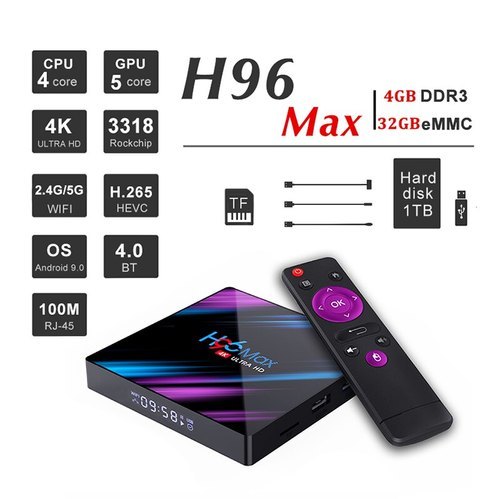 H96 Max Android Tv Box - 4gb Ddr3 Ram, 32gb Rom, Hdmi & Usb Ports | Lifetime Free Tv & Online Movies, 2160p Resolution, Quad-core Cpu, Penta-core Gpu, 120hz Refresh Rate, Table Top Mount, Black