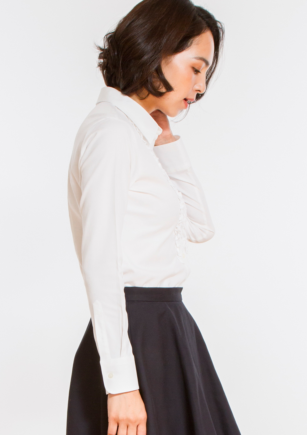 (Premium) Stretch Easy Care Shirt/ Ruffle/ Long Sleeve/ White Collar Style: Classic