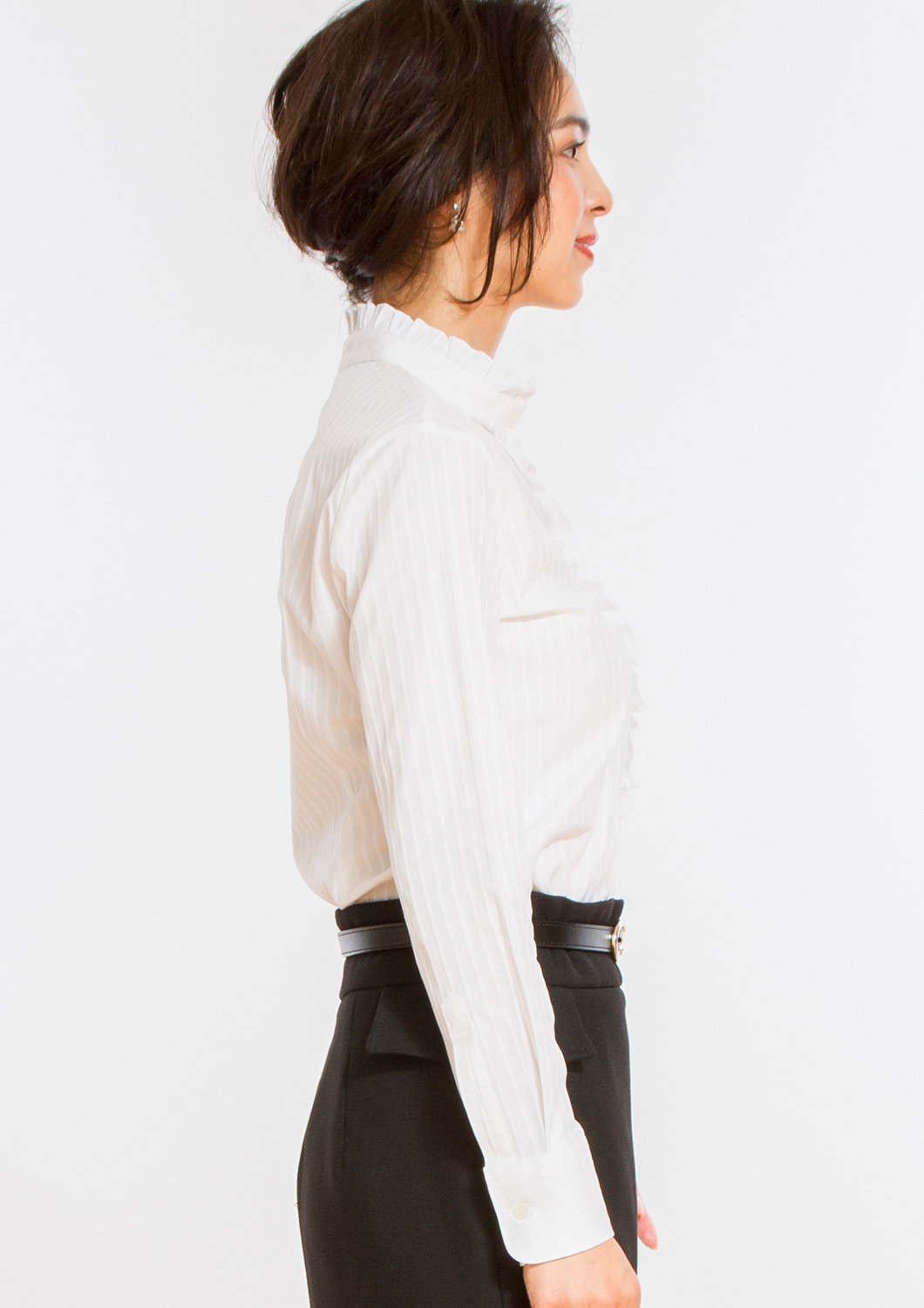 (Premium) Stretch Easy Care Shirt/ Ruffled Stand Collar/ Long Sleeve/ Stripe White Collar Style: Standard