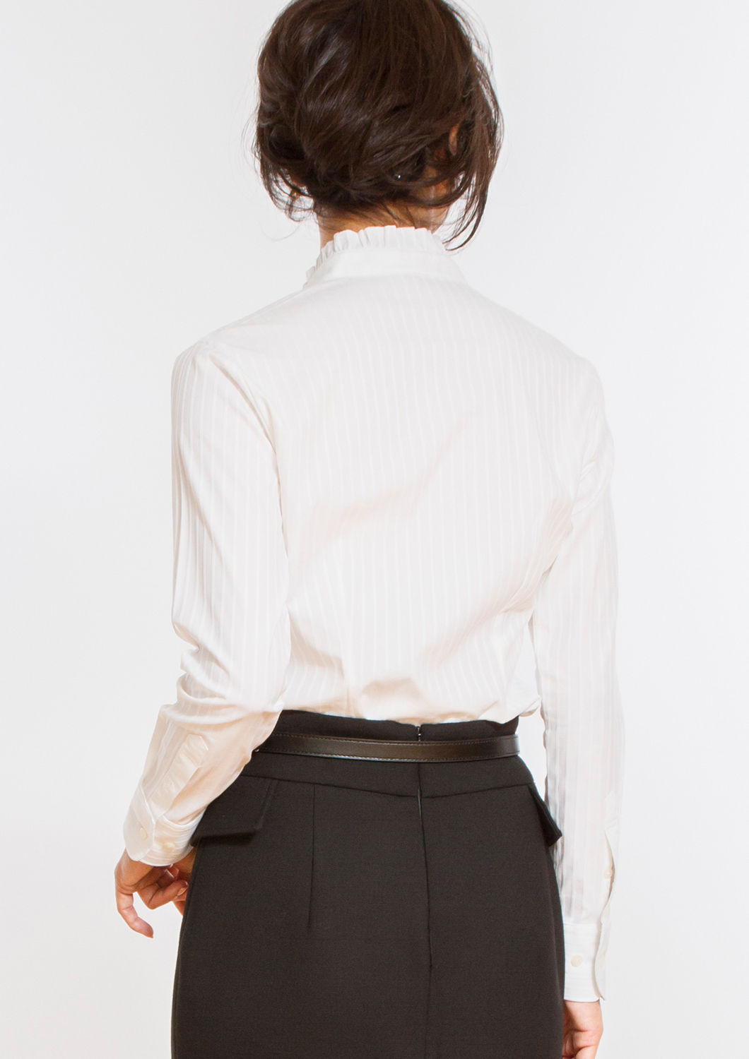 (Premium) Stretch Easy Care Shirt/ Ruffled Stand Collar/ Long Sleeve/ Stripe White Collar Style: Standard