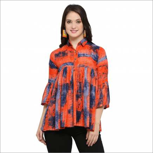 Rayon Printed Tops - 3/4 Sleeves, Collared Neck, Orange Color | Soft, Breathable Fabric With Elegant Leaf Print